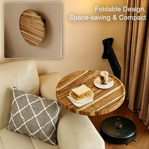 Wall Mounted Folding Table,11" Acacia Bedside Shelf Wall Mount Floating Wall Desk with 36 LBS Capacity for Small Spaces,Round Wood Tabletop with 720° Rotatable Aluminum Alloy Brackets