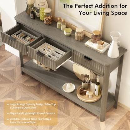 RUSTOWN Fluted Wood Console Table with 3 Drawers, 47.2" Boho Entryway Table | Narrow Behind Couch Sofa Table, Open Storage Shelf, Curved legs, 2 Tier Modern Farmhouse Hallway Table for Living Room, Foyer - color: Washed Oak