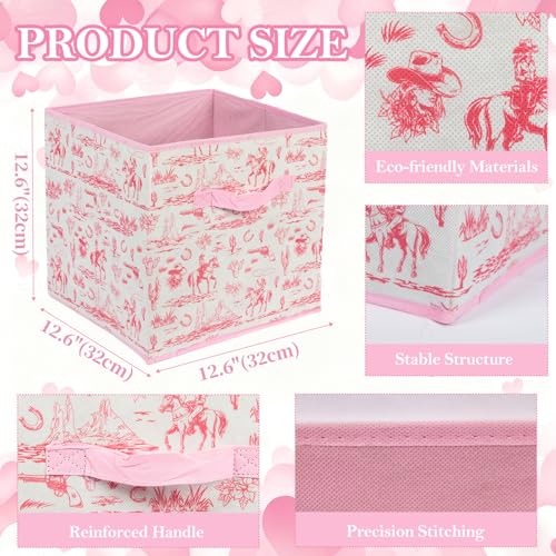6 Pcs Pink Western Cube Storage Bins 12.5 Inch Cowgirl Storage Basket with Handle, Preppy Girls Organizer Basket, Collapsible Fabric Box for Classroom Bedrooms Office Home Decoration (Pink western) - color: Pink western