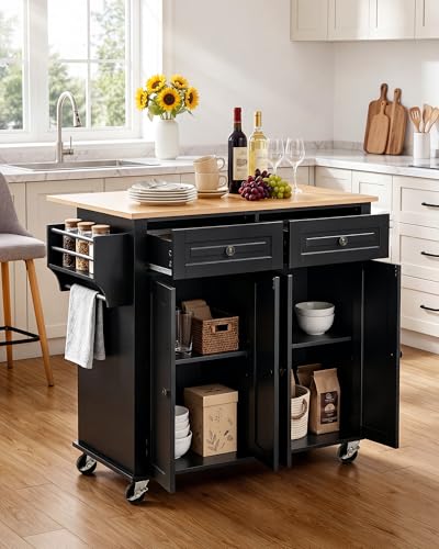 VEVOR Kitchen Island Cart with Storage, 43.58 in Wide Mobile Rolling Storage Island on Swivel Wheels, with 2 Drawers, Storage Cabinet, Drop Leaf, Spice/Towel Rack, Table for Home Dining Room, Black | Home Dining Meal Prep Station With Spice Towel Rack Hoo