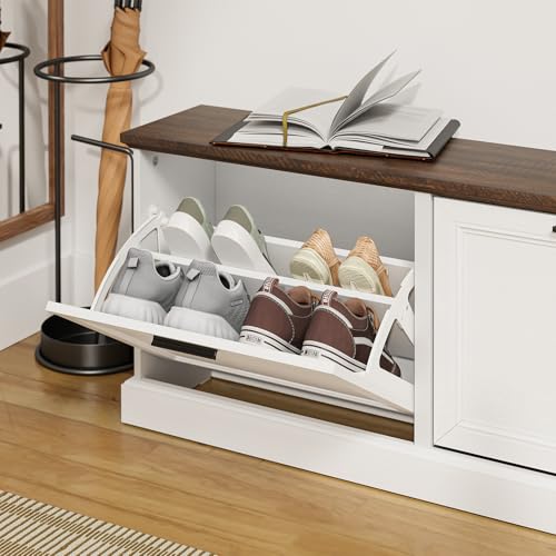 SoBuy Narrow Shoe Bench with Flip Drawers | 2-Tier Shoe Bench, Adjustable Shelf, White Wood Shoe Storage Bench for Small Spaces, Hallway, Foyer