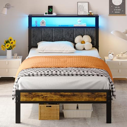 Liians Twin Size Bed Frame with LED Lights, Grey Upholstered Headboard | Platform Bed with 2-Tier Storage Shelf, Charging Station, Noise Free, No Box Spring Needed, Easy Assemably - size: Twin