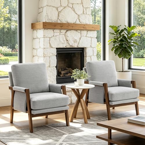 RNKSFX Grey Accent Chair for Bedroom & Living Room, Mid Century Modern Accent Arm Chair, Upholstered Anthropologie Accent Chair with Solid Wood Frame, Fabric - color: Grey
