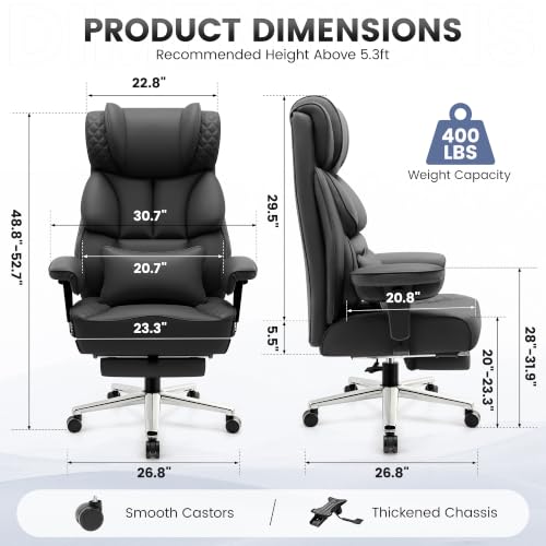 Office Desk Chair, Big and Tall Leather Gaming Chair with Footrest, Wide Ergonomic Comfy Executive High-Back Reclining Computer Chairs, Swivel Rolling Wheels and Padded Lumbar Support, Black Updated - color: Black 2.0, style: 3 Position Reclining