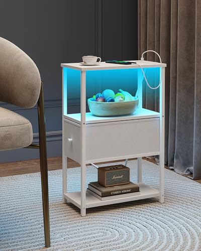 TUTOTAK Small Narrow LED End Table with Charging Station, Set of 2 | Side Table with Outlets, Nightstand with Cloth Drawer, Couch Table for Living Room, Bedroom, White TB01BW059 - color: White, style: 1 Drawer with Plug & Light