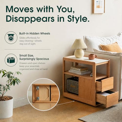 Solid Wood End Table with Storage Drawers, Narrow Side Table for Couch | 2 drawers, hidden wheels and slim design make this narrow side table perfect for couches, bedrooms and small spaces. - color: Natural