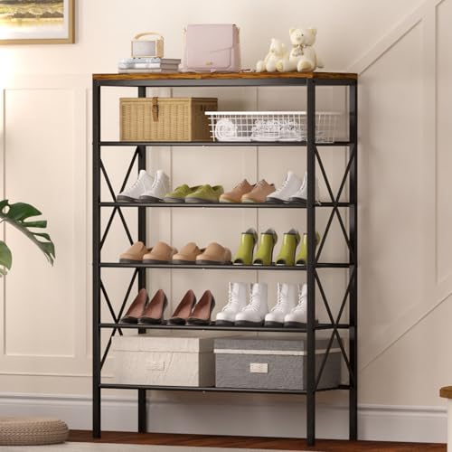 6 Tiers Metal Shoe Rack，Large Capacity Shoe Rack Holds 24 Pairs of Shoes, Durable and Stable, Adjustable Metal Shelf Stackable Shoe Shelf for Entryway, Hallway, Living Room, Closet - color: Rustic Brown, size: 27.8" x 10.8" x 39.2"
