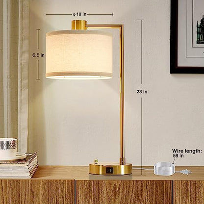 Gold Table Lamp Set of 2, Dimmable Bedside Lamps for Night Stands, USB A+C | Nightstand Lamp with Linen Lampshade, 2 LED Bulbs Included,Desk Lamp for Bedroom, Living Room, End Table, Reading, Office - color: Gold