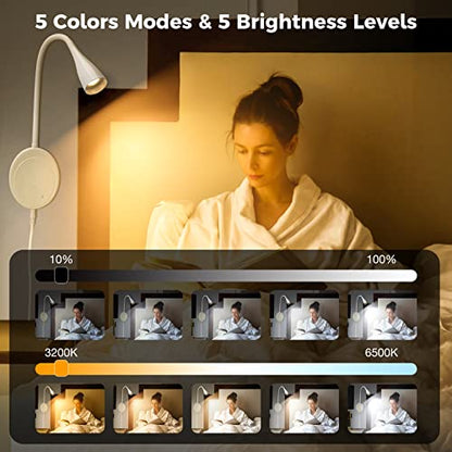 SANKEDOU LED Wall Mounted Reading Light, Book Light for Reading in Bed with Touch Control, 5 Dimmable, USB Output, Night Light & Timers Function, Flexible Gooseneck Headboard Bed Lights (White) - color: White