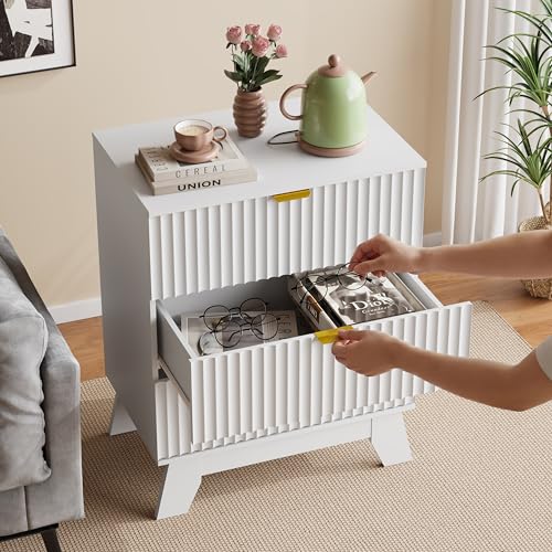 Fluted Nightstand with 3 Large Drawers, Wooden Side End Table with Elevated Legs for Easy Cleaning, Sturdy Modern Beside Table for Small Space, Bedroom, White, 24" L - color: White