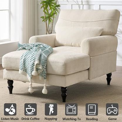 Chaise Lounge Chair Indoor Bedroom, Comfy Lounge Chair with Wide Armrest & Backrest for Small Space, Thick Cushion, High-Density Foam, Waist Pillow, Chenille (White) - color: White