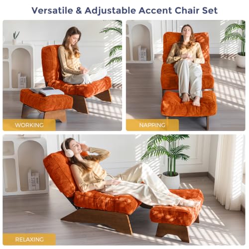 MAXYOYO Accent Chair with Ottoman, Lounge Chair with Adjustable Backrest | Tufted Living Room Chair Upholstered Lounge Chair with Footrest Set, Modern Chair for Reading Room, NEW Orange - color: New Orange