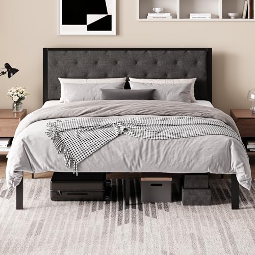 SHA CERLIN King Size Metal Bed Frame with Linen Tufted Headboard, Dark Gray | Modern Design Heavy-Duty Platform Bed, No Box Spring Need, Linen Fabric Upholstery, Noise Free, Easy Assembly - color: Dark Grey, size: King