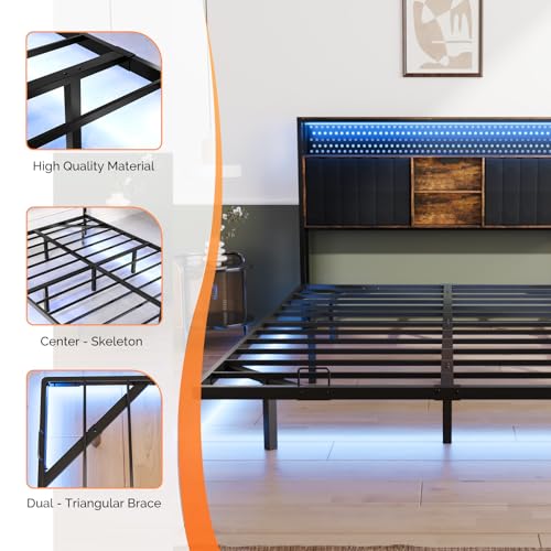VINGLI King Size Floating Bed Frame with LED Lights and Charging Station, Cozy Hidden Storage Velvet Upholstered Headboard,No Box Spring Needed,Easy Assembly,Black - color: Industrial Brown, size: King