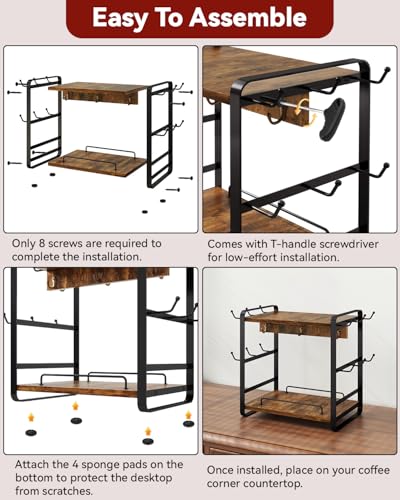 IBUYKE Kitchen Mug Cup Holder,2 Tier Coffee Bar Organizer,Brown TBJ006H | Coffee Bar Station Countertop Organizer Coffee Mug Stand with 18 Hooks,Multifunctional Mug Tree for Home Kitchen Office - color: Rustic Brown