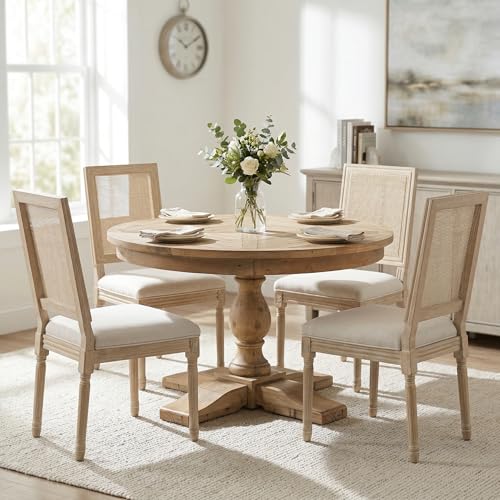 Kmax Farmhouse Dining Room Chairs, Fabric French Distressed Bedroom Chairs with Rectangle Rattan Back, Elegant Tufted Kitchen Chairs, Set of 2, Light Grey - color: White Wash/Rattan Light Grey, size: 2 Chairs
