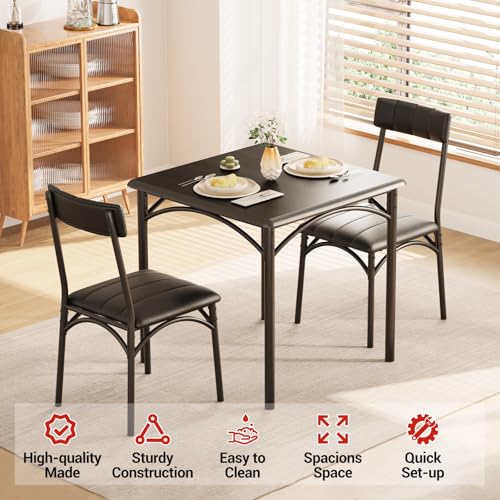 GarveeLife 3-Piece Dining Table Set for 2, Square Kitchen Table & Chairs | Upholstered, Space-Saving Square Kitchen Table Set, Compact Dining Room Furniture for Apartment, Studio - color: Black