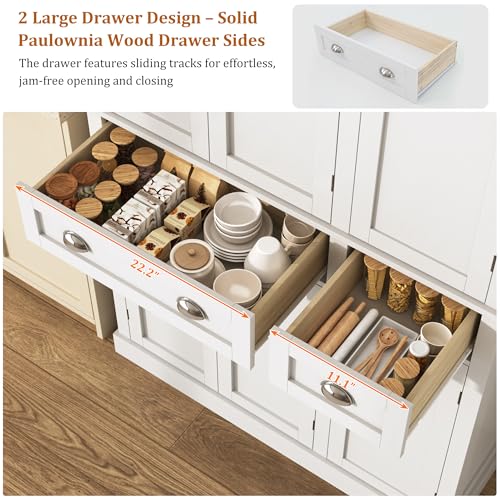 71"H Tall Kitchen Pantry Cabinet with LED Lights,39"W Modern Large Kitchen Hutch Cabinet w/6 Door Shelves,2 Large Drawer,Freestanding Food Pantry w/Adjustable Shelves for Kitchen,Dining Room,White - color: White