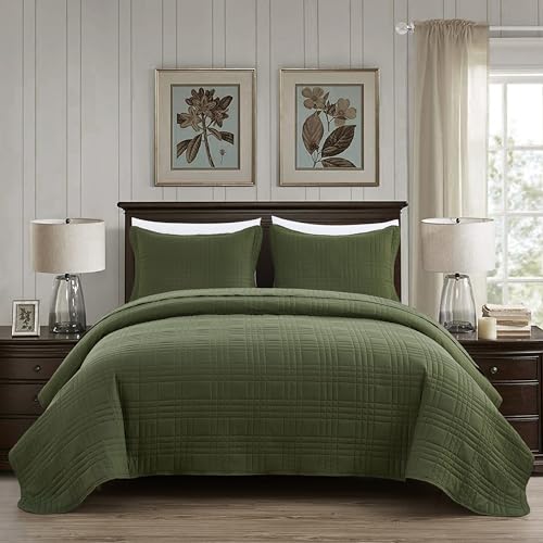 Chezmoi Collection Kingston Queen Size Bedspread Set, 3-Piece Olive Green Oversized Quilted Microfiber Lightweight Bedspread Coverlet (100"x106") for All Seasons - color: Olive Green, size: Queen