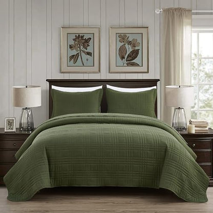 Chezmoi Collection Kingston Queen Size Bedspread Set, 3-Piece Olive Green Oversized Quilted Microfiber Lightweight Bedspread Coverlet (100"x106") for All Seasons - color: Olive Green, size: Queen