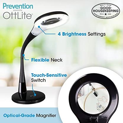 OttLite Prevention LED Desk Lamp with Adjustable Magnifier, Black | ClearSun LEDs Reduce Eyestrain | 1.7x Optical Grade Magnifier with 3.4x Spot Viewer | 4 Brightness Settings