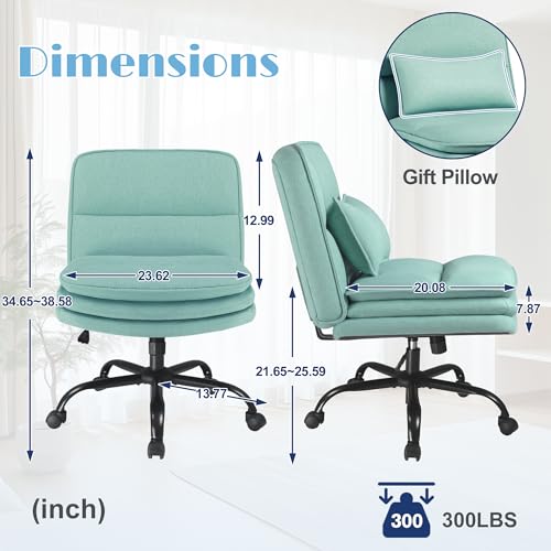 Furmax Criss Cross Legged Office Chair with Wheels, Armless Extra Wide Seat Swivel Desk Chair, Adjustable Height Comfy Task Chair with Thick Cushion for Home Office Bedroom Vanity (Fabric, Green) - color: Green
