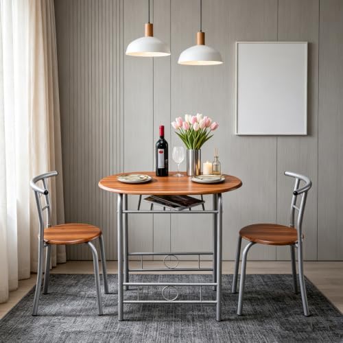 Space-Saving 3-Piece Dining Table Set, Table with 2 Stools, Brown - color: Light Brown, size: Table & Chairs