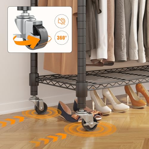 BATHWA Clothes Rack Rolling Narrow 2 tier Garment Rack for Hanging Clothes， Space Saving Portable Clothing Rack with Wheels and Double Rods 8 Hangers, Adjustable, Gray