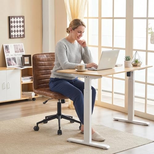 Furnimart Armless Swivel Rolling Desk Chair, Adjustable Faux Leather Vanity Chair with Gold Legs, Cute Task Chair with Wheels for Living Room Bedroom Studying Small Places (Leather-DustYellow) - color: Dust Brown-faux Leather
