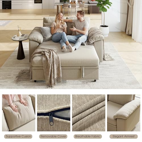 61” Pull Out Couch, 2 in 1 Sleeper Sofa Bed with Throw Pillow, Convertible Small Loveseat Sleeper Couch for Living Room, Bedroom, Apartment (Sand) - color: Sand, size: 2 Seat Sleeper