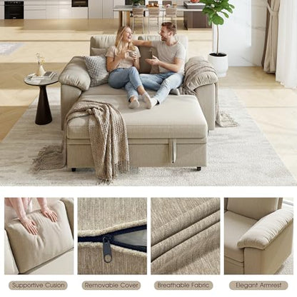 61” Pull Out Couch, 2 in 1 Sleeper Sofa Bed with Throw Pillow, Convertible Small Loveseat Sleeper Couch for Living Room, Bedroom, Apartment (Sand) - color: Sand, size: 2 Seat Sleeper