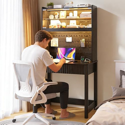 Lvifur Writing Desk with Power Outlet - Small Study Desk with LED Lights, Home Office Desk with Drawer & Hutch & Pegboard, Space Saving Study Table Work Station for Dorm, Living Room (Black) - color: Black86023