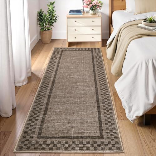 GarveeHome Runner Rug 2x6 for Kitchen Non Slip Washable Hallway Runner Rugs | Modern Bordered Bathroom Throw Mat Soft Non Shedding Checkered Runners Geometric Area Rug for Bedside Living Room, Brown - color: Brown, size: 2' x 6' (Runner)