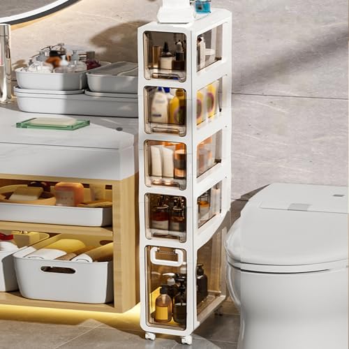 5-Tier Slim Bathroom Storage Cabinet,Narrow Floor Cabinets with Drawers and Wheels,Rolling Narrow Organizer for Small Spaces,Kitchen,Laundry,7.9”W - size: 5-Tier-7.9”W