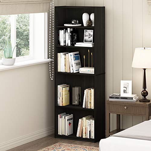 Furinno Jaya Book Shelf Set of 2, 5-Tier Bookshelf, Bookcase, with Adjustable Shelf, 9.5 x 24.5 x 71, for Home Office, Living Room, Espresso - color: Espresso, size: Set of 2, 5-Tier