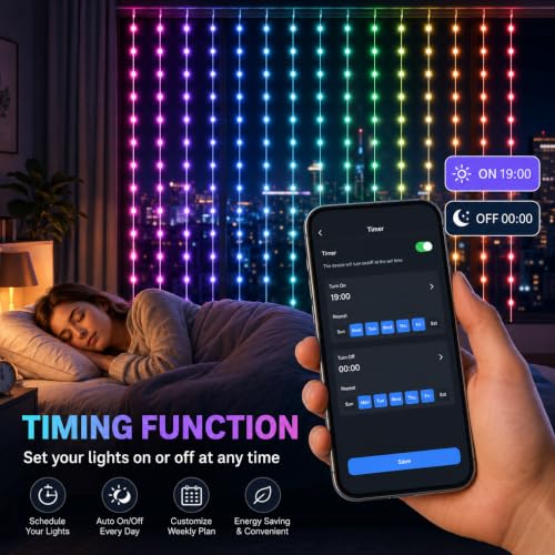 Smart Curtain Lights Outdoor 400LED App Music Timer USB 6.6x6.6FT | App controlled LED curtain lights for bedroom, window, patio, party, wedding and Christmas backdrop