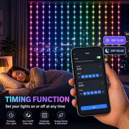 Smart Curtain Lights Outdoor 400LED App Music Timer USB 6.6x6.6FT | App controlled LED curtain lights for bedroom, window, patio, party, wedding and Christmas backdrop