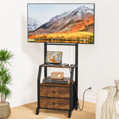 Snughome Rolling TV Stand for 32-55 Inch TVs, Mobile TV Stand with Wheels | With Mount, 2 Fabric Storage Drawers & Power Outlet, Sturdy Steel Frame,Entertainment Center for Bedroom, Living Room