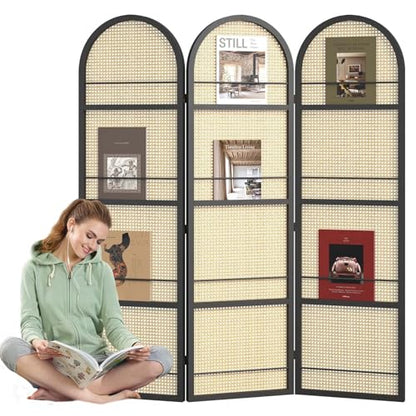 Rattan Room Divider with Built-in Bookshelf | Foldable Privacy Screen & Portable Partition for Home Office, Bedroom, Reading Nook | Wooden Frame, Freestanding Design (Black-Rattan) - color: Black-rattan