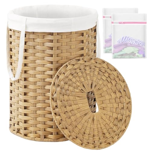 SETVSON Laundry Hamper with Lid Laundry Basket with Lid 72L, Natural | 19 Gal Round PE Rattan Hamper with Lid, Removable Washable Liner Bag, 2 Mesh Wash Bags, Steel Frame, Handles - color: Natural, size: 72 L