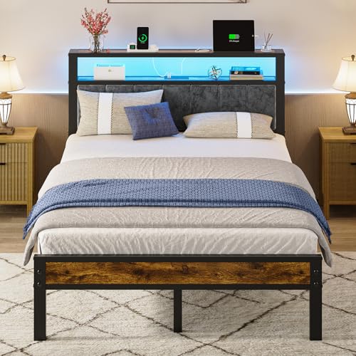 Liians Full Size Bed Frame with LED Lights, Charging Station | Platform Bed with Grey Upholstered Headboard, 2-Tier Storage Shelf, Noise Free, No Box Spring Needed - size: Full