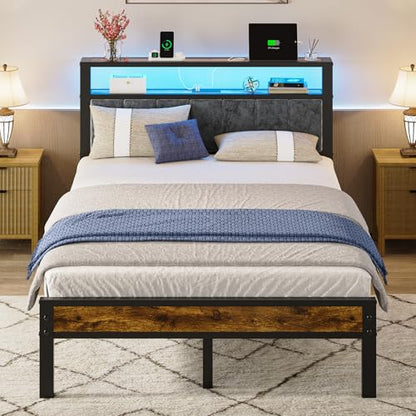 Liians Full Size Bed Frame with LED Lights, Charging Station | Platform Bed with Grey Upholstered Headboard, 2-Tier Storage Shelf, Noise Free, No Box Spring Needed - size: Full