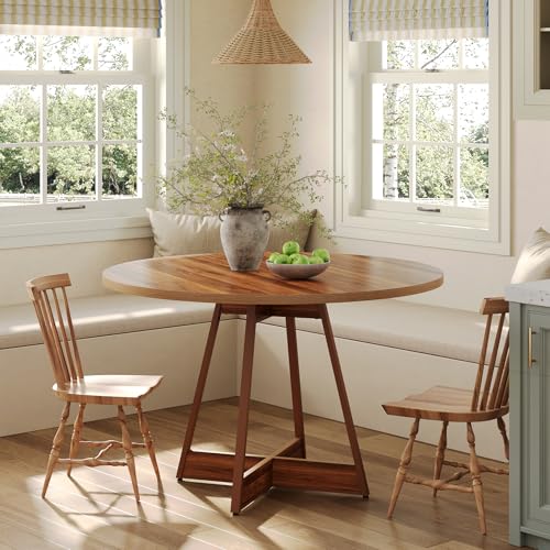 LITTLE TREE 39 Inches Round Dining Table for 2-4, Farmhouse Circle Kitchen Table for Dining Room, Wooden Dinner Table with Heavy Duty Pedestal, Small Bistro Table for Restaurant, Brown