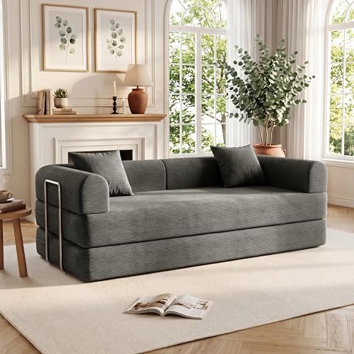 79'' Convertible Compressed Corduroy Folding Cloud Sofa Bed, 4 in 1 Modern Boneless Pull Out Loveseat Sleeper in a Box, No Assembly Foldable Floor Futon Cloud Couch for Home, Grey, 2 Pillows, King - color: Grey, size: 79''