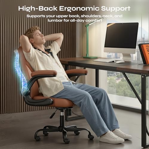 PU Leather Mid-Back Office Chair, Flip-Up Arms, 3.5" Dual-Layer Cushion | PU leather mid-back chair with 3.5" dual-layer cushion, flip-up armrests, swivel wheels, and pneumatic height adjustment - color: Brown