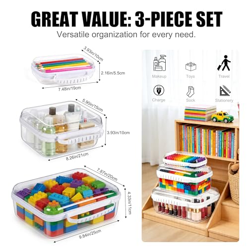 3 Pack Clear Hard Shell Zipper Storage Case Deep Capacity Organizer Pouches | PET Waterproof Transparent Bags with Handle 1.2mm Thick for Makeup Toiletries Cosmetics Toys Art Supplies Travel Essentials - color: purple