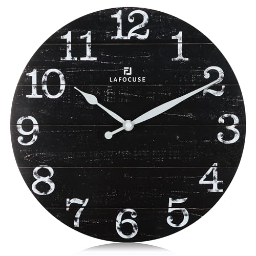 Lafocuse 12 Inch Silent Black Wall Clocks for Kitchen Living Room Decor, Wooden Rustic Wall Clock Battery Operated, Decorative Farmhouse Clock - color: Black