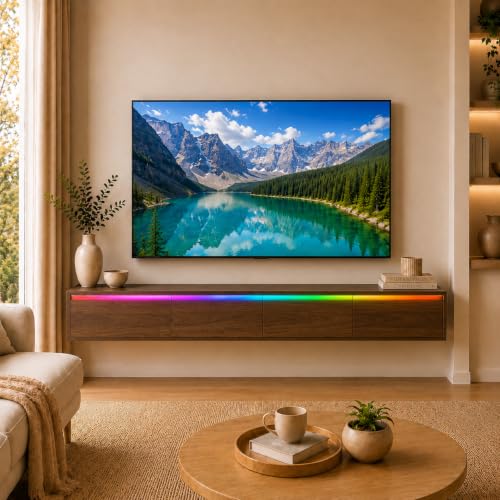 Brown Floating TV Stand Wall Mounted, 72.8" Media Console | Fits Up to 80* TV, Brown finish, midcentury modern tv stand. - color: Brown-c
