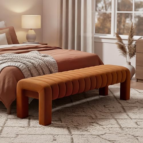 63" Bedroom Bench, Upholstered Entryway Bench, Modern End of Bed Ottoman with Solid Wood Legs and Adjustable Foot Pegs for Entryway, Dining Room and Living Room (Brown Velvet) - color: Brown Velvet, size: 63"