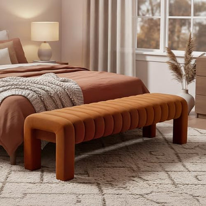 63" Bedroom Bench, Upholstered Entryway Bench, Modern End of Bed Ottoman with Solid Wood Legs and Adjustable Foot Pegs for Entryway, Dining Room and Living Room (Brown Velvet) - color: Brown Velvet, size: 63"